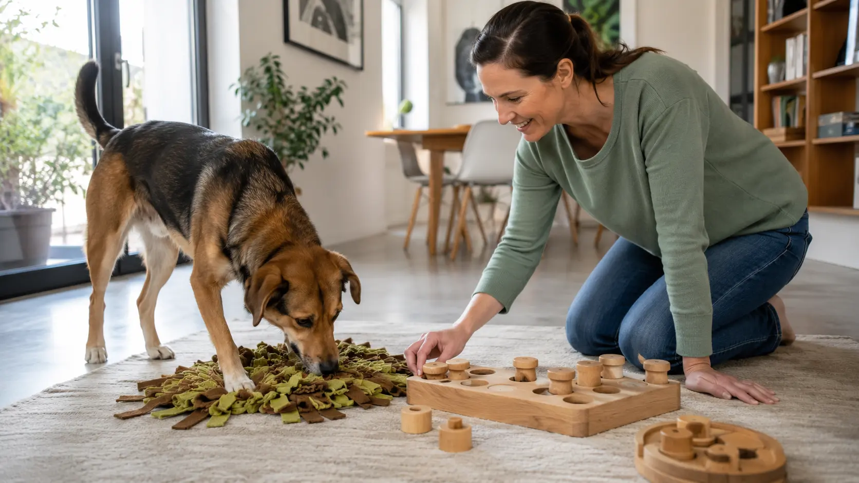 Cane impegnato in un gioco olfattivo con tappeto e puzzle insieme alla proprietaria