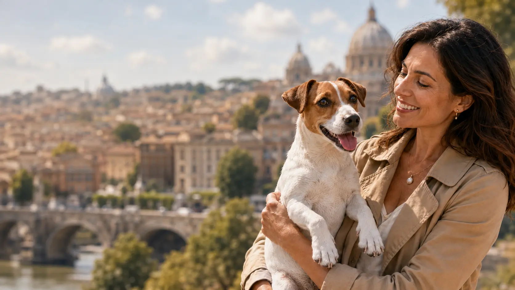Donna con Jack Russell in braccio davanti al panorama di Roma