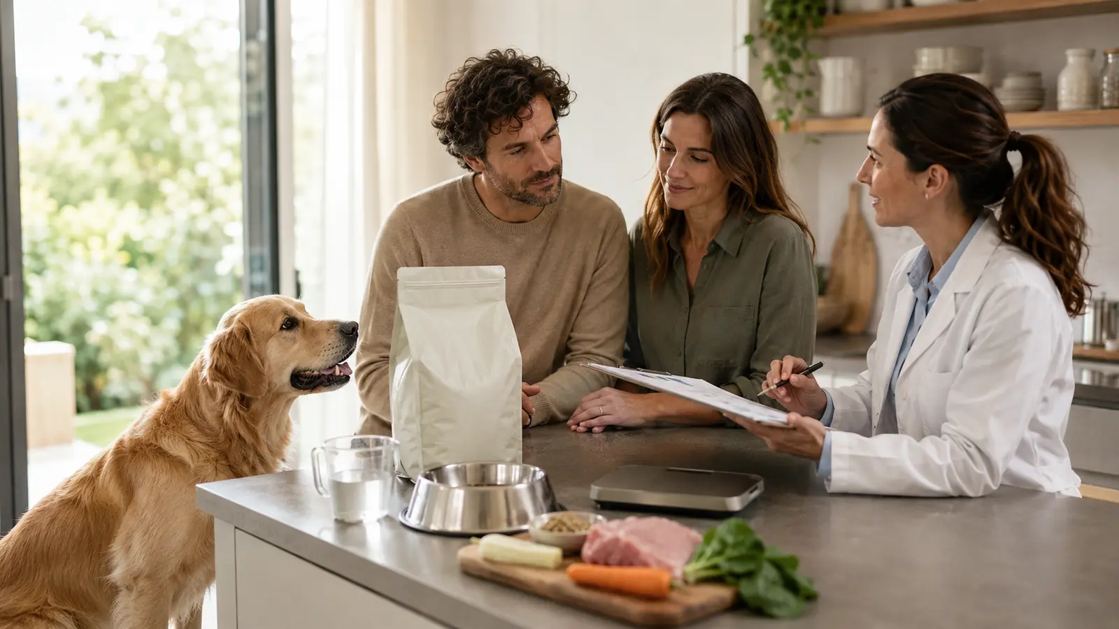 Cane con proprietari e veterinaria durante la valutazione del piano alimentare