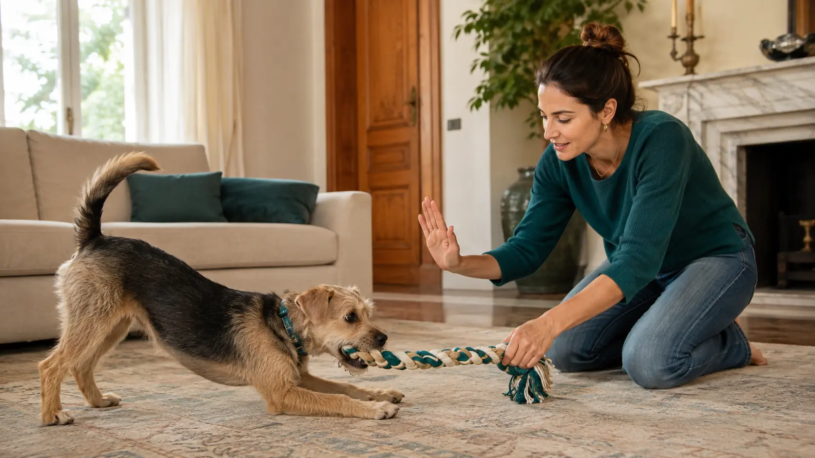 Proprietaria reindirizza il morso del cane verso un gioco sicuro