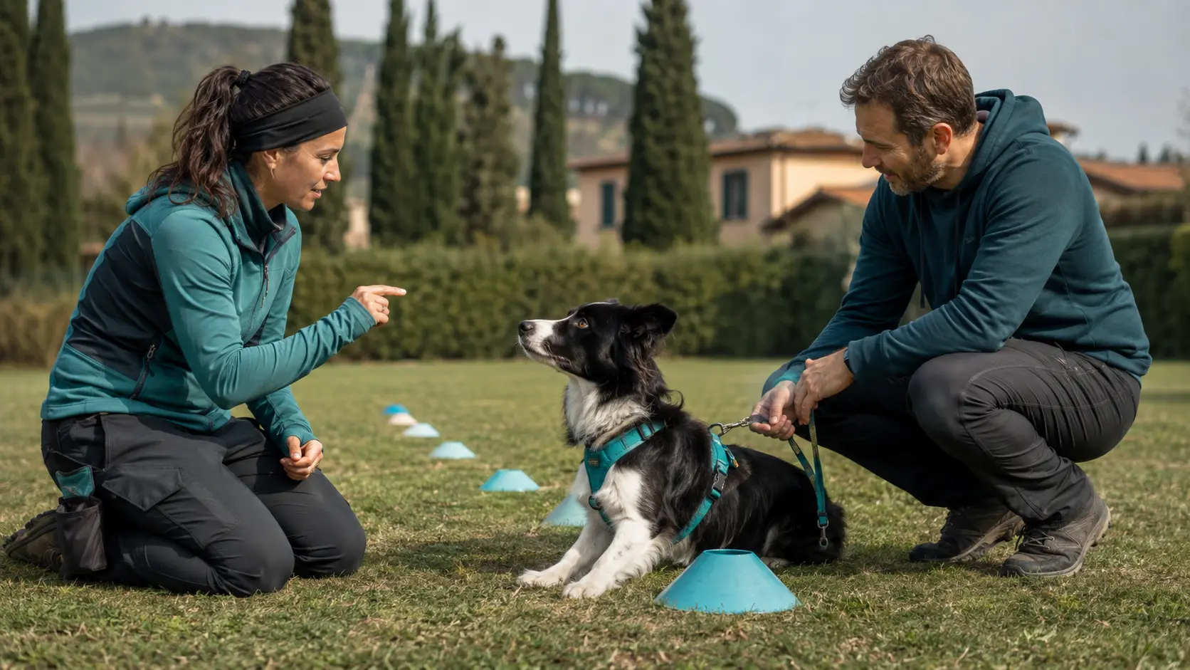 Istruttrice cinofila guida proprietario e cane in un esercizio avanzato