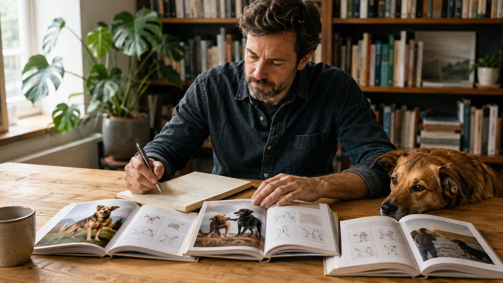 Lettore confronta libri sul comportamento del cane in una biblioteca domestica