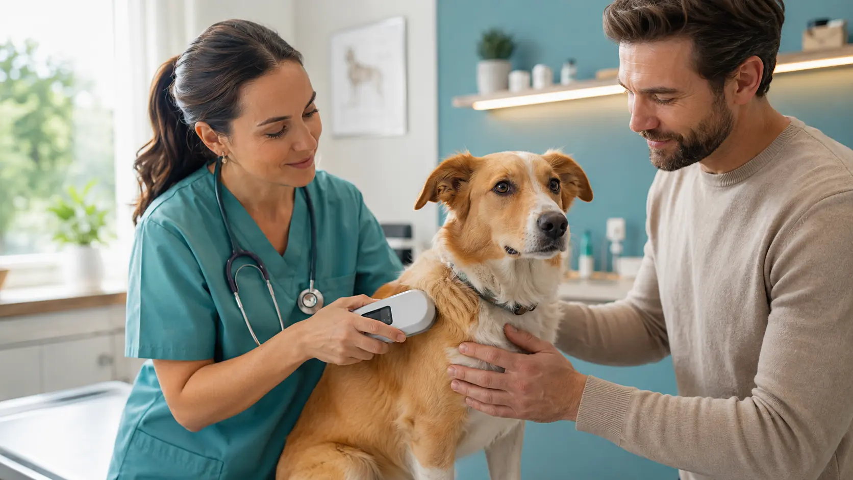 Veterinaria legge il microchip di un cane con lo scanner
