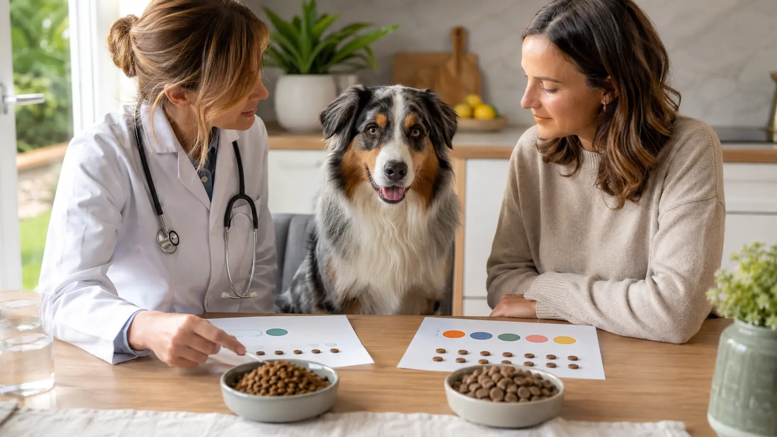 Cane con veterinaria e proprietaria durante il confronto tra alimenti mono e multiproteici