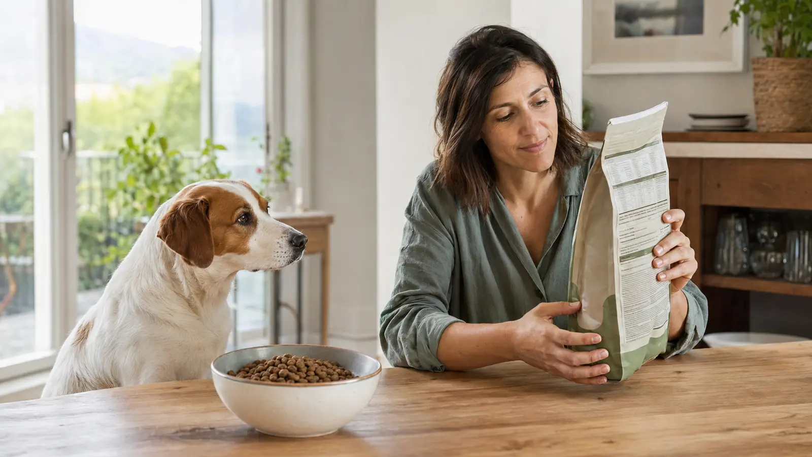 Proprietario legge l’etichetta del cibo accanto al proprio cane