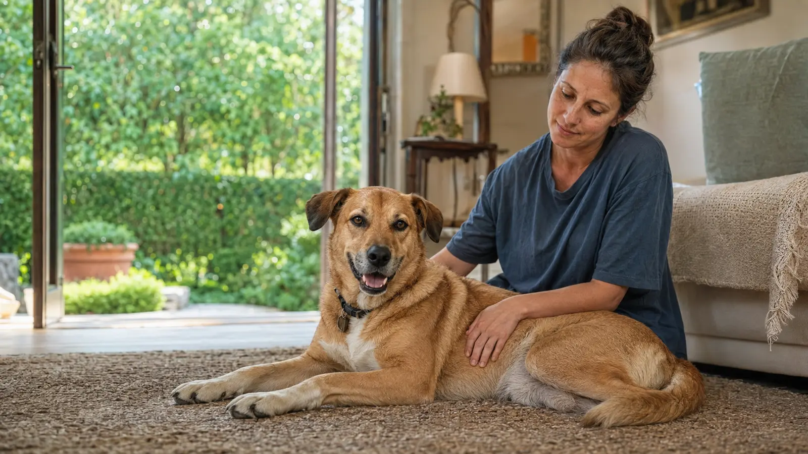 Cane rilassato con una dog sitter in una casa con giardino