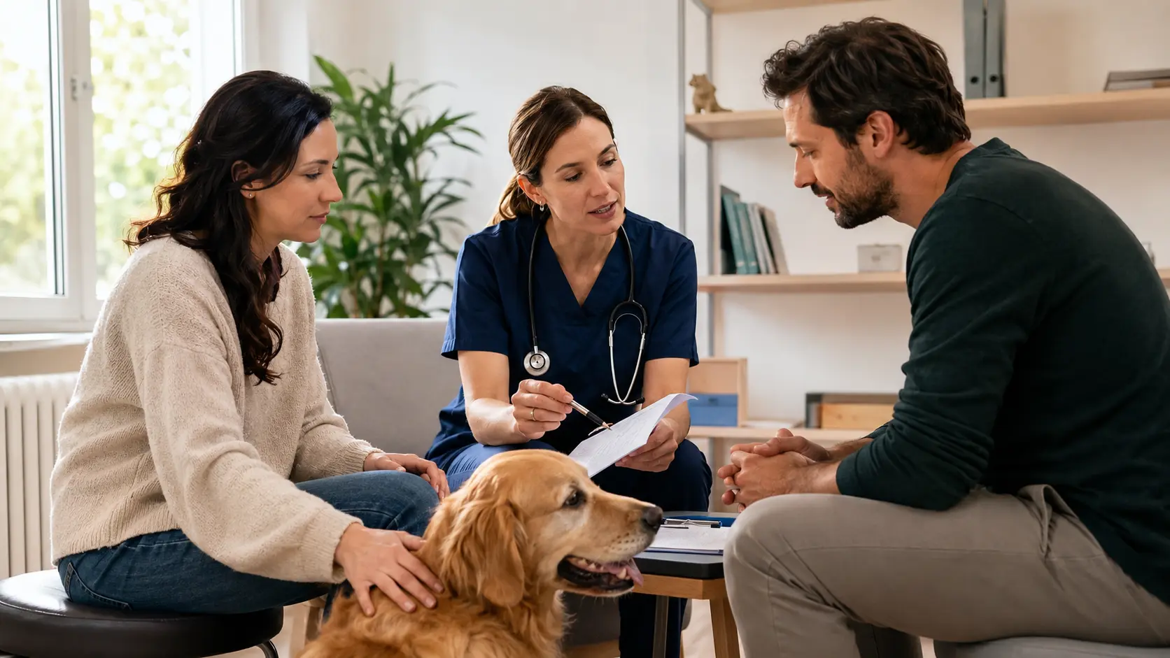 Veterinaria e professionisti discutono il percorso di cura di un cane