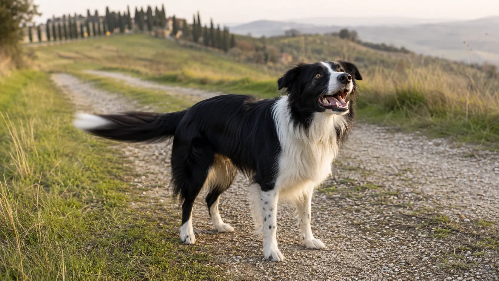 Border Collie scodinzola durante una passeggiata in campagna