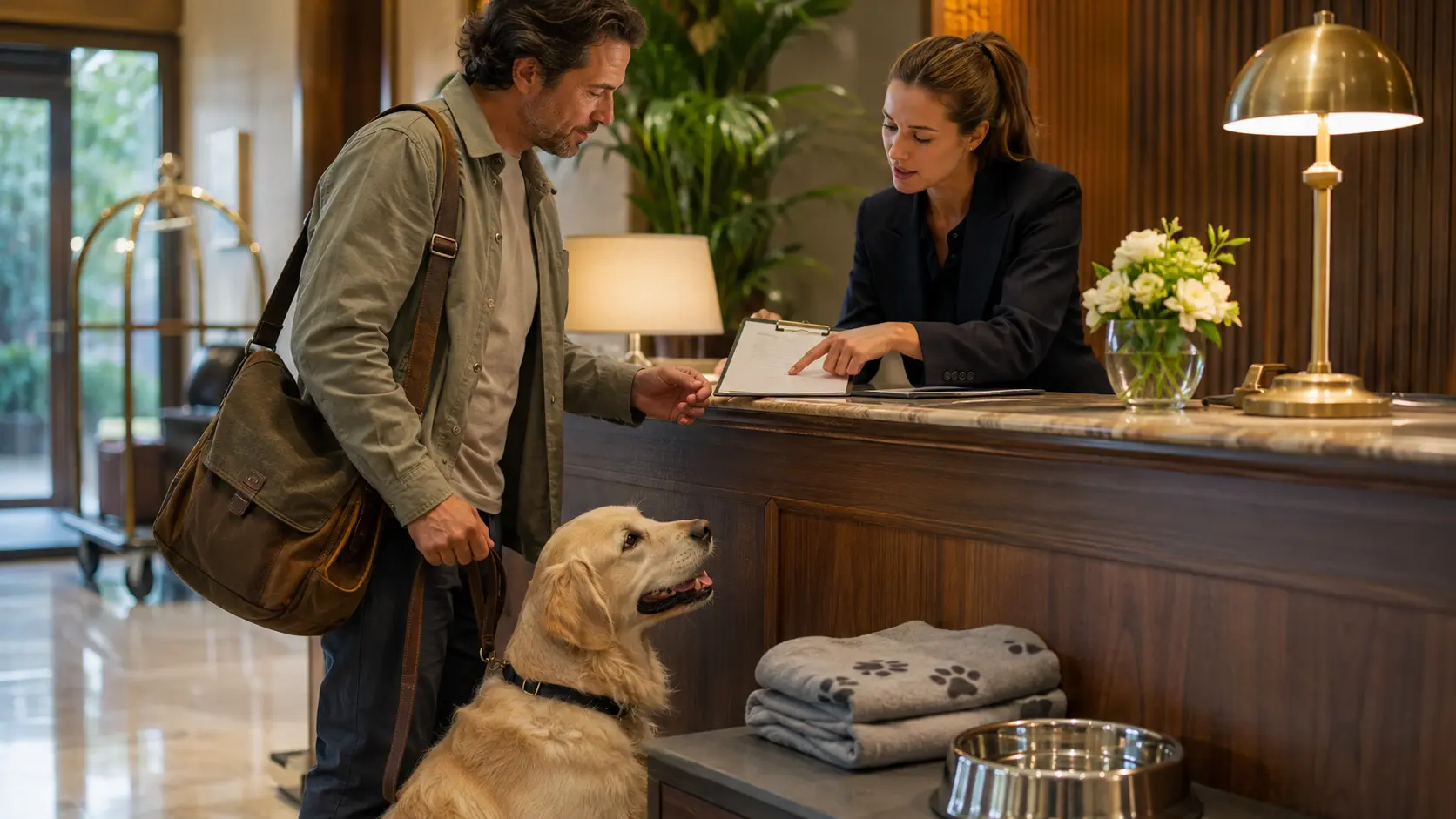 Proprietario con cane verifica i servizi pet friendly alla reception