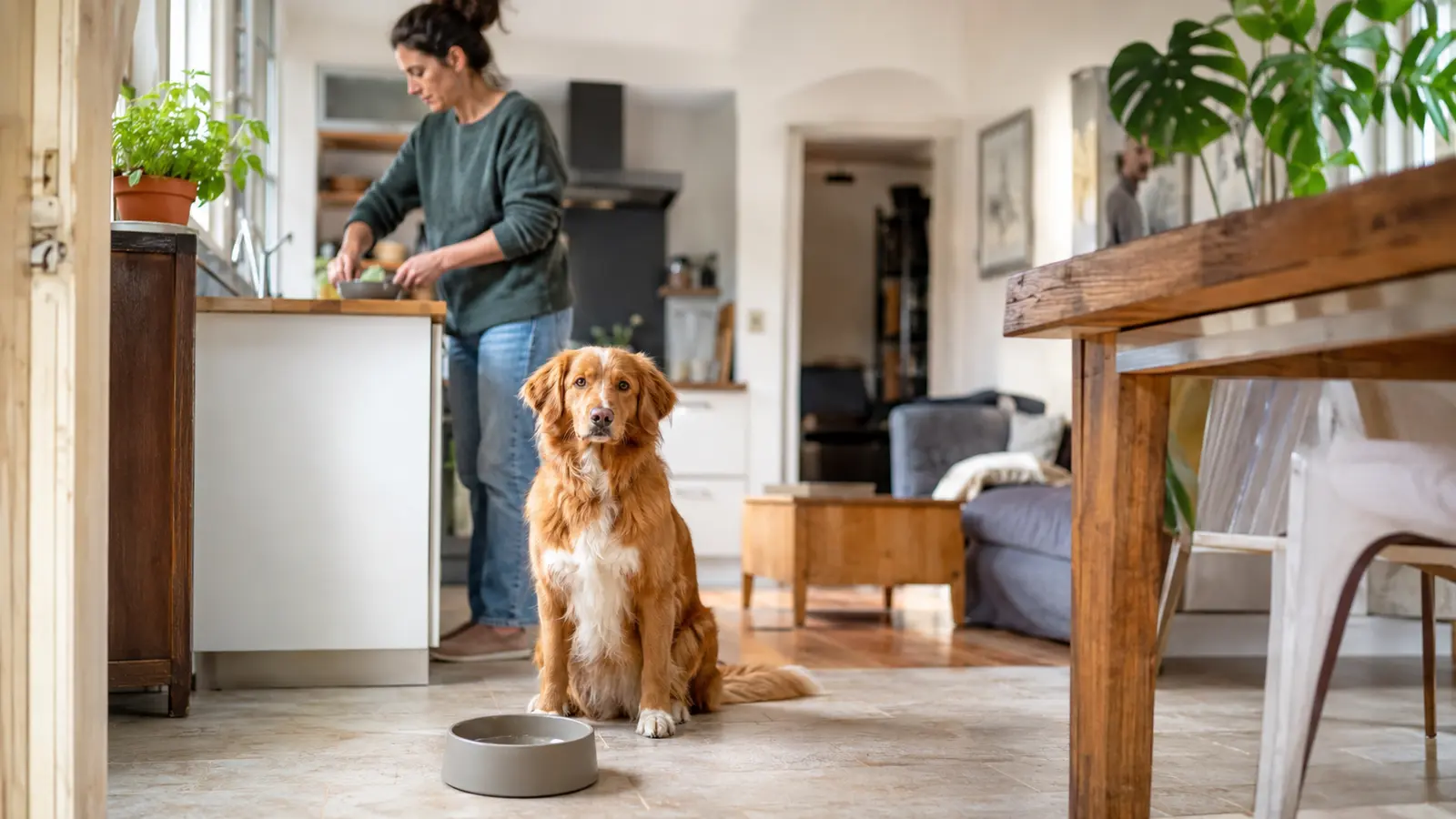 Dog sitter prepara il pasto di un cane nella casa del proprietario