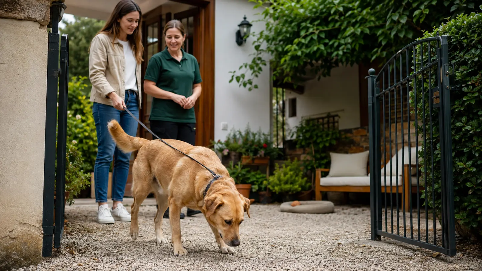 Cane con una dog sitter davanti a una pensione per cani