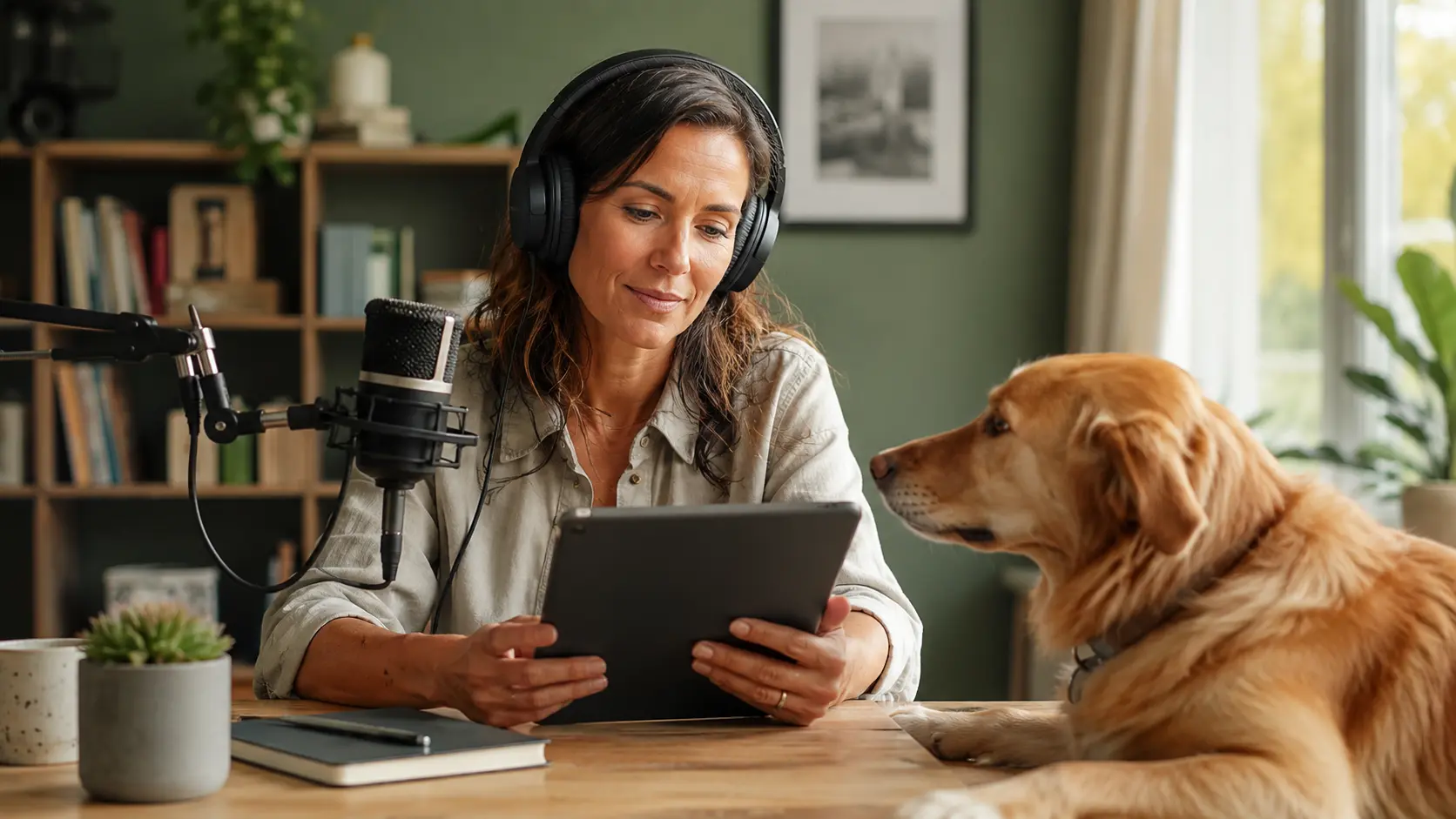 Autrice ascolta e valuta un podcast sui cani accanto al proprio cane