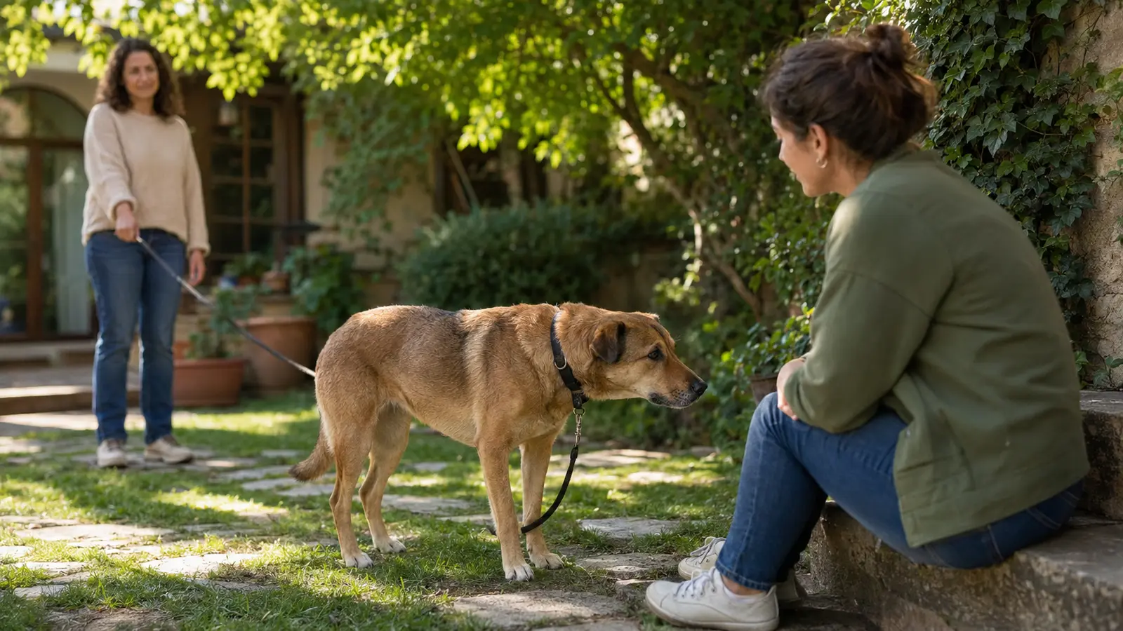 Cane incontra con calma una dog sitter durante una prova