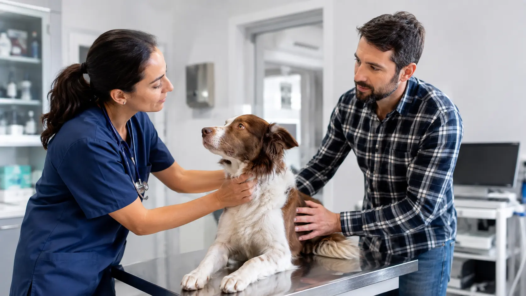 Veterinaria visita un cane sul lettino mentre il proprietario gli resta accanto