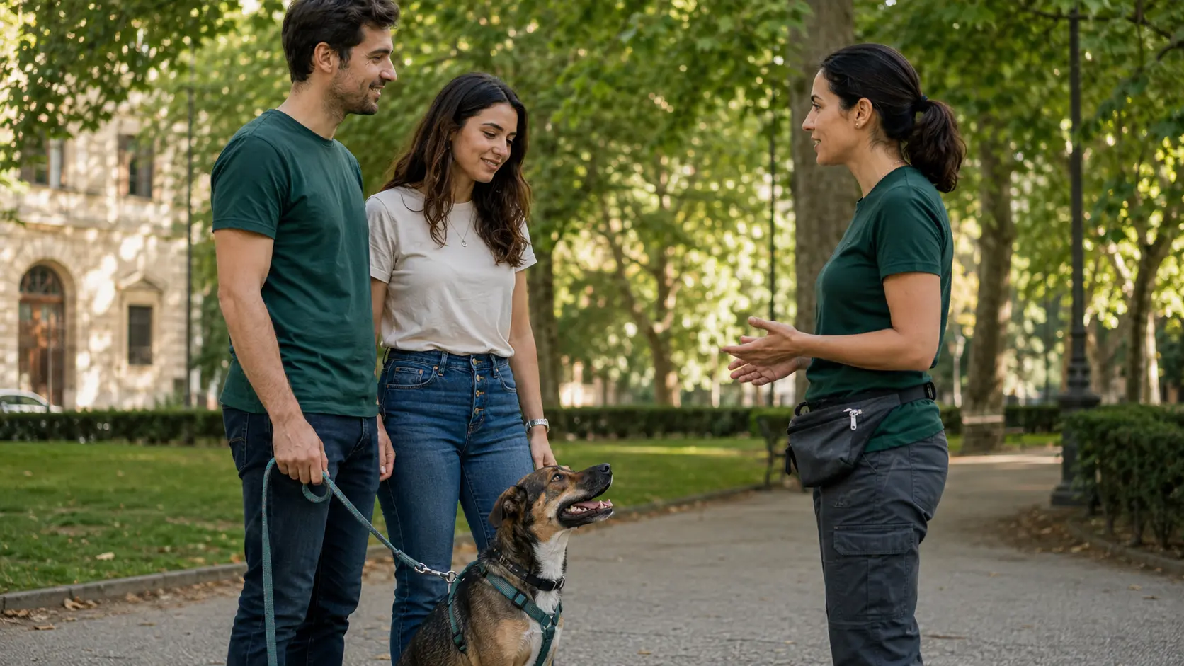 Educatrice cinofila consiglia una coppia sulla passeggiata con il cane