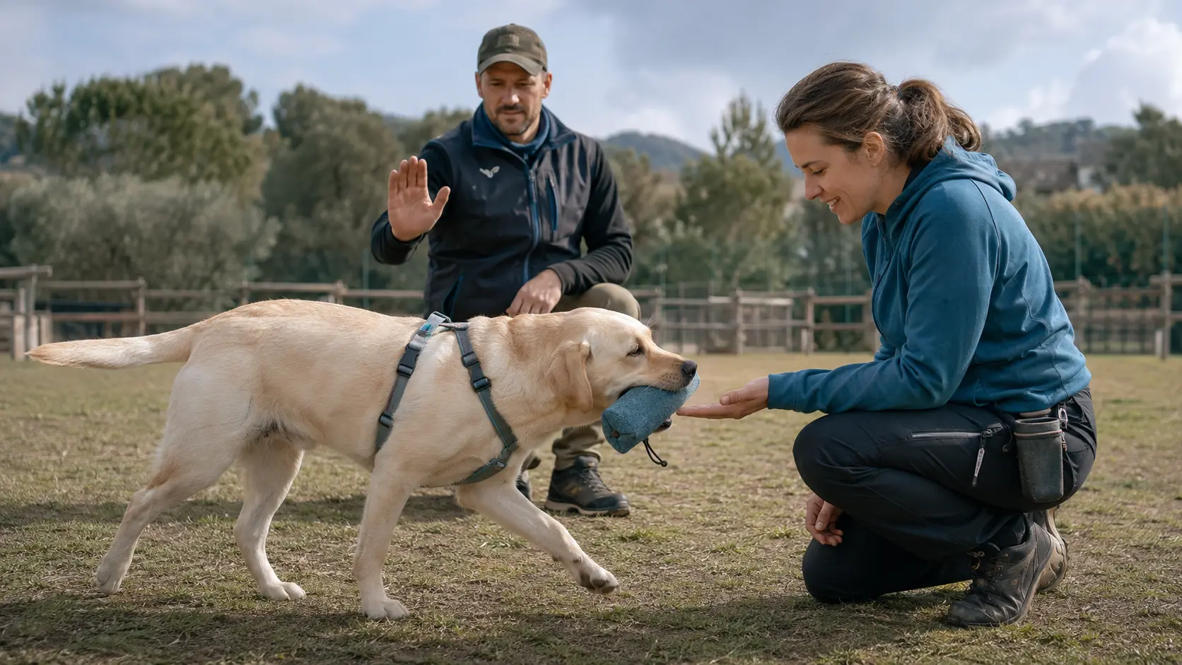 Addestratore cinofilo insegna un esercizio specifico a cane e proprietaria