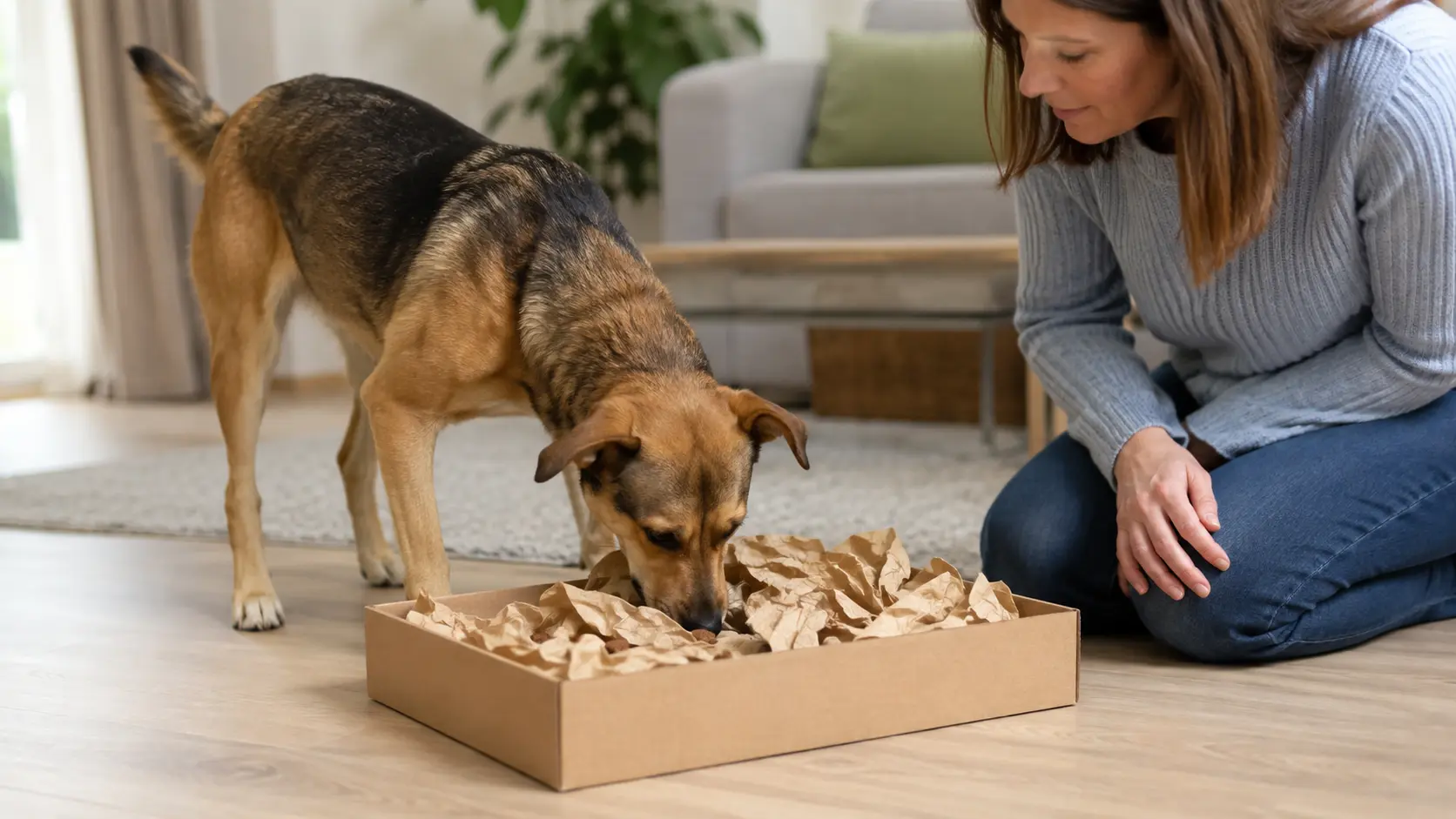 Cane usa l’olfatto in una scatola con carta e premi nascosti
