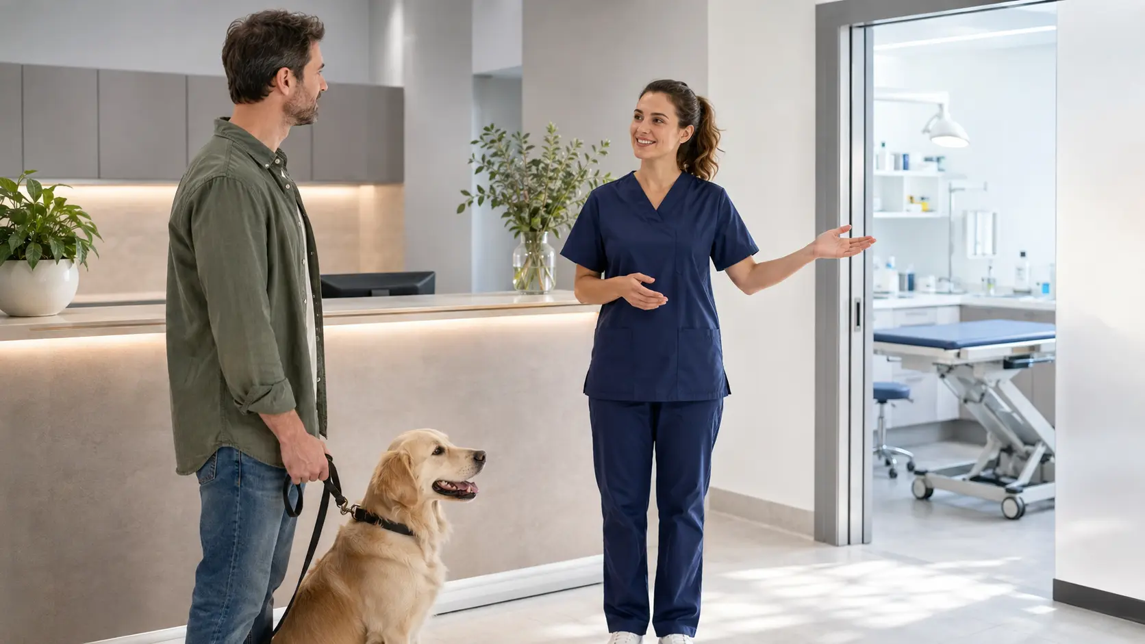 Proprietario con cane accolto in una struttura veterinaria moderna
