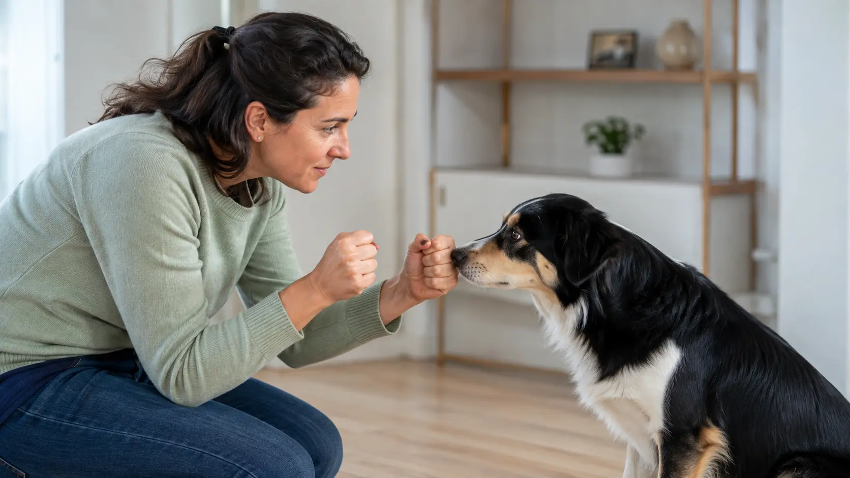 Cane sceglie una delle mani chiuse della proprietaria