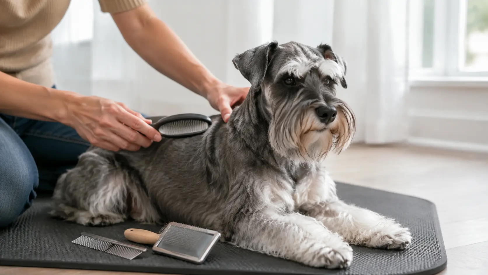 Schnauzer Nano durante la spazzolatura del mantello