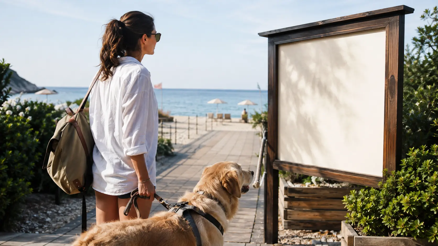 Viaggiatrice con cane controlla le regole all’ingresso di una spiaggia