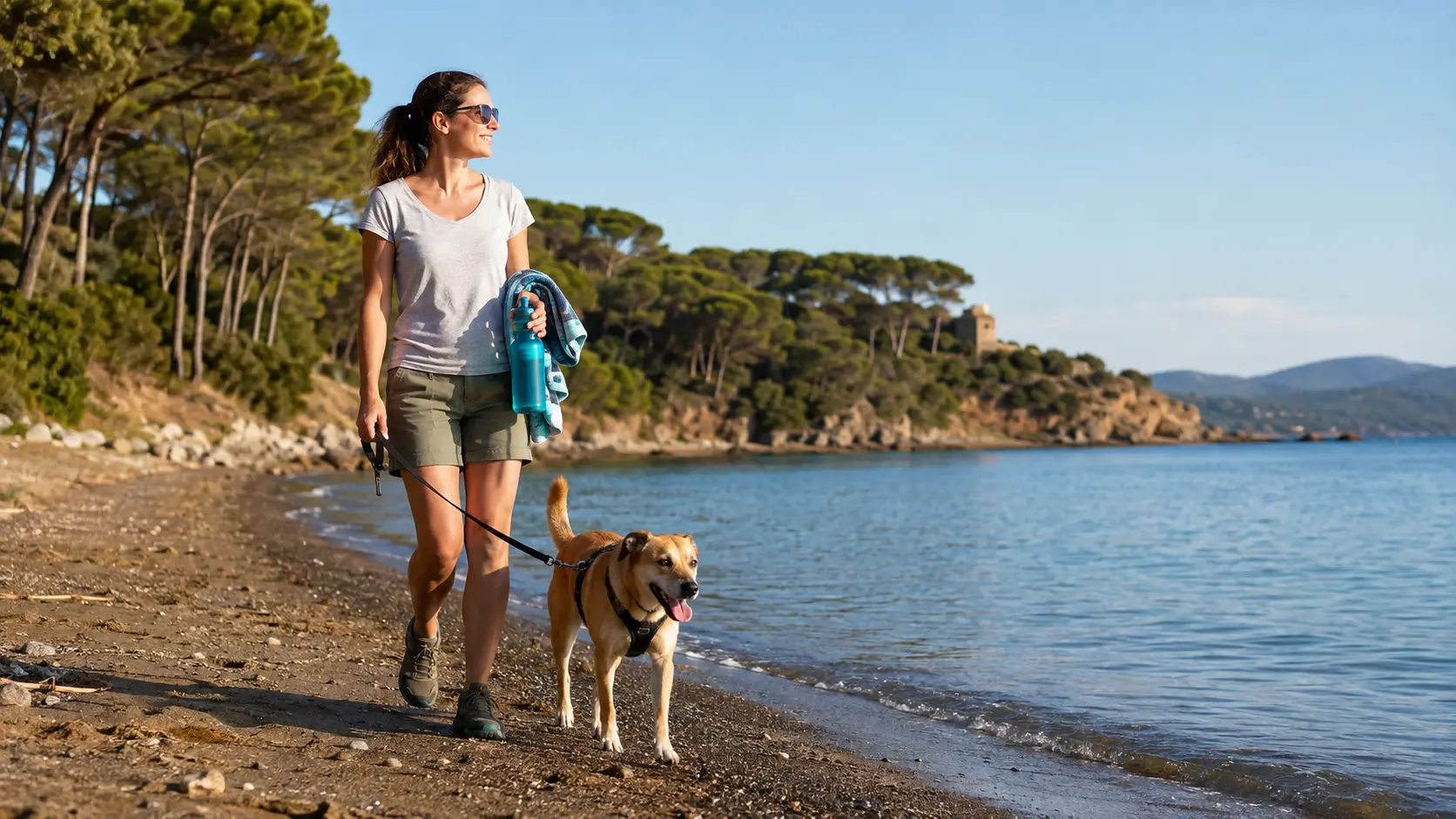 Proprietaria passeggia con il cane sulla spiaggia di Baratti in Toscana