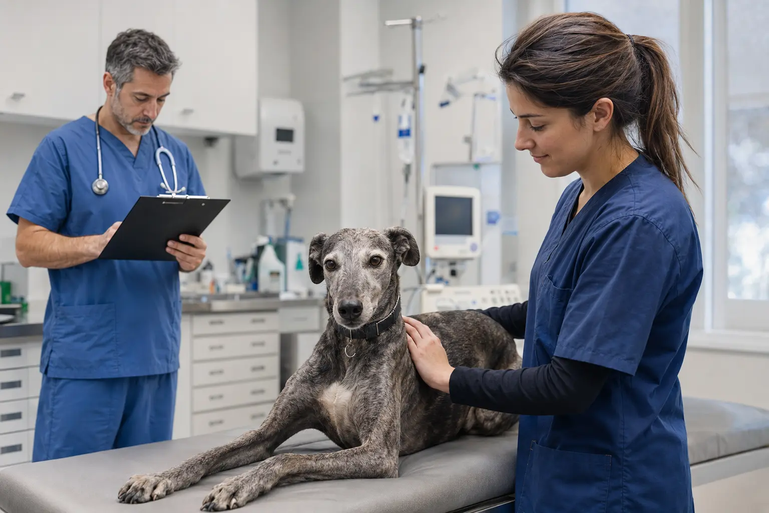 Team veterinario monitora un levriero in una sala di cura