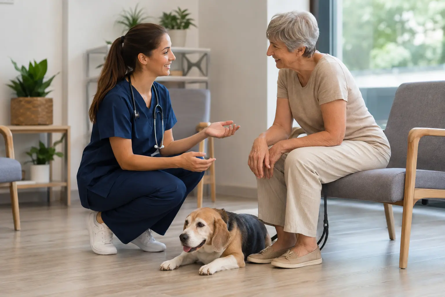 Veterinaria parla con la proprietaria di un cane in sala d’attesa