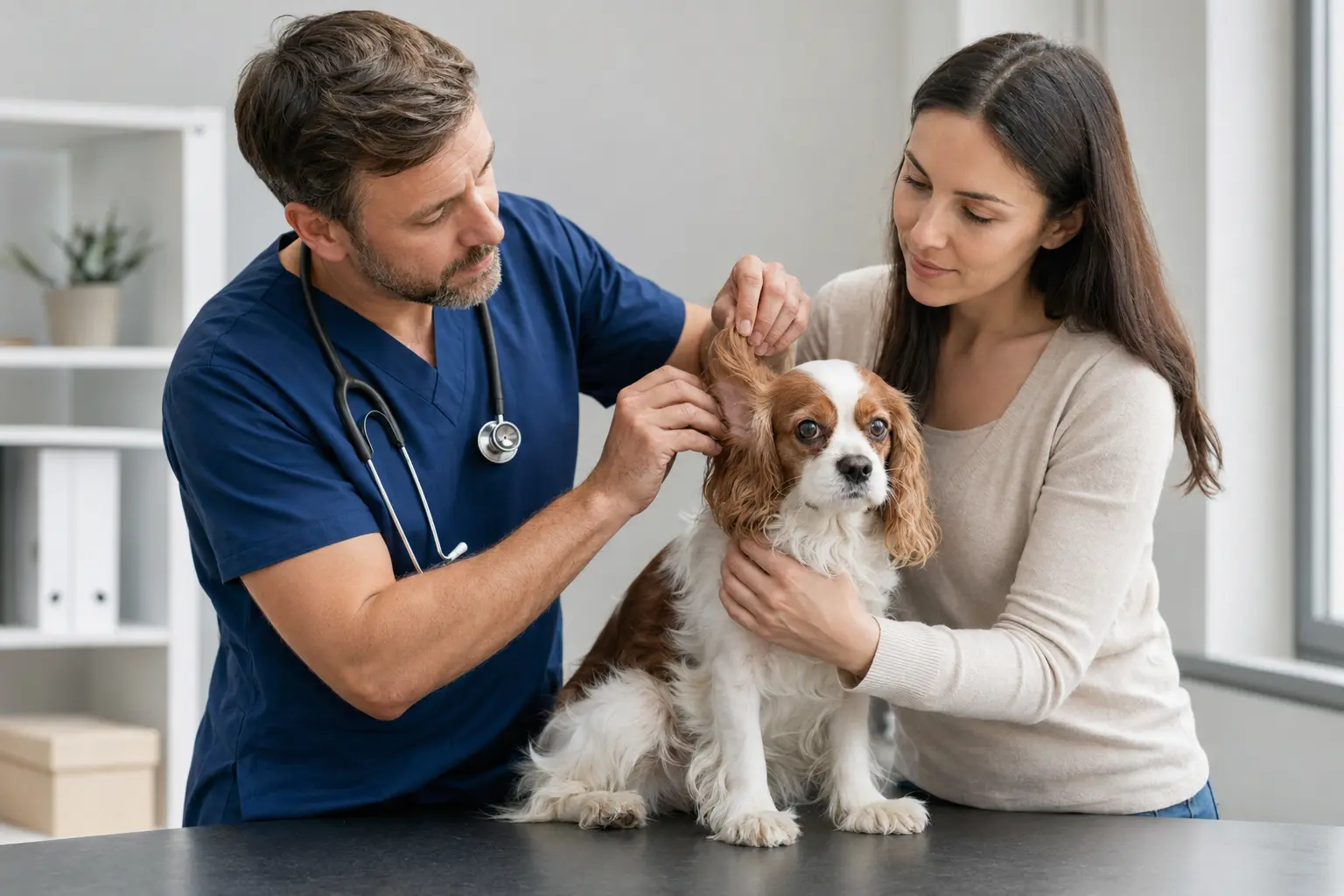 Veterinario controlla l’orecchio di un cane con la proprietaria