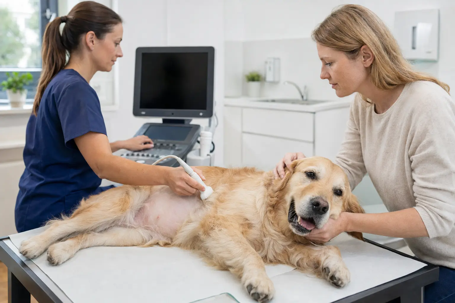 Ecografia veterinaria a un cane con la proprietaria
