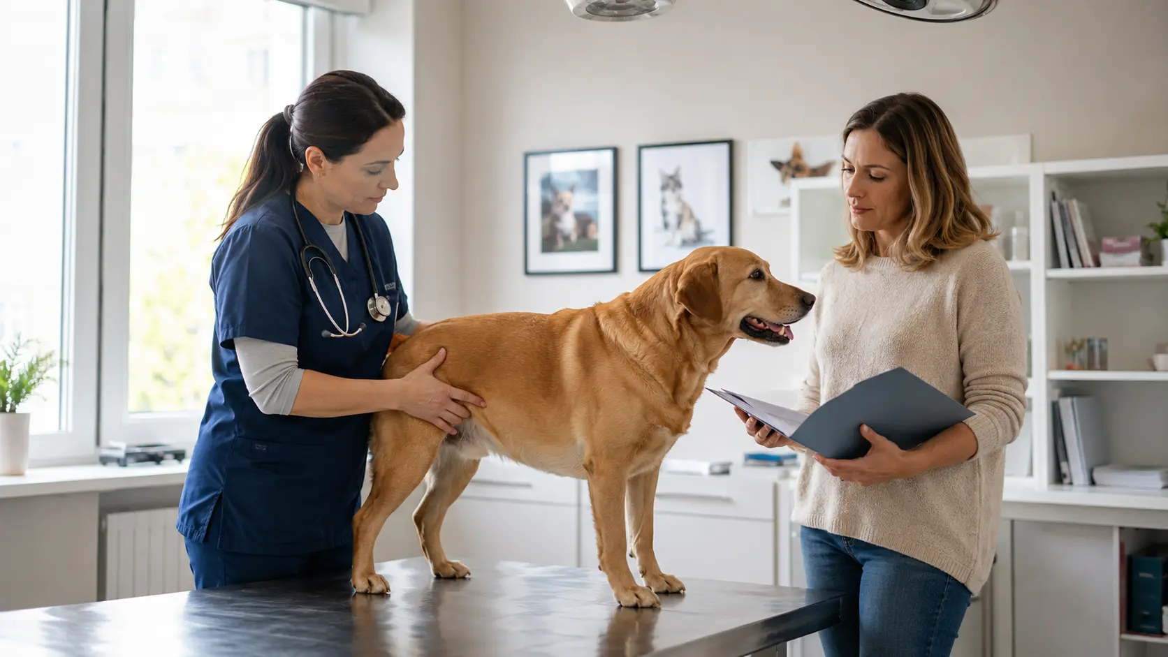 Veterinaria nutrizionista valuta la condizione corporea di un cane