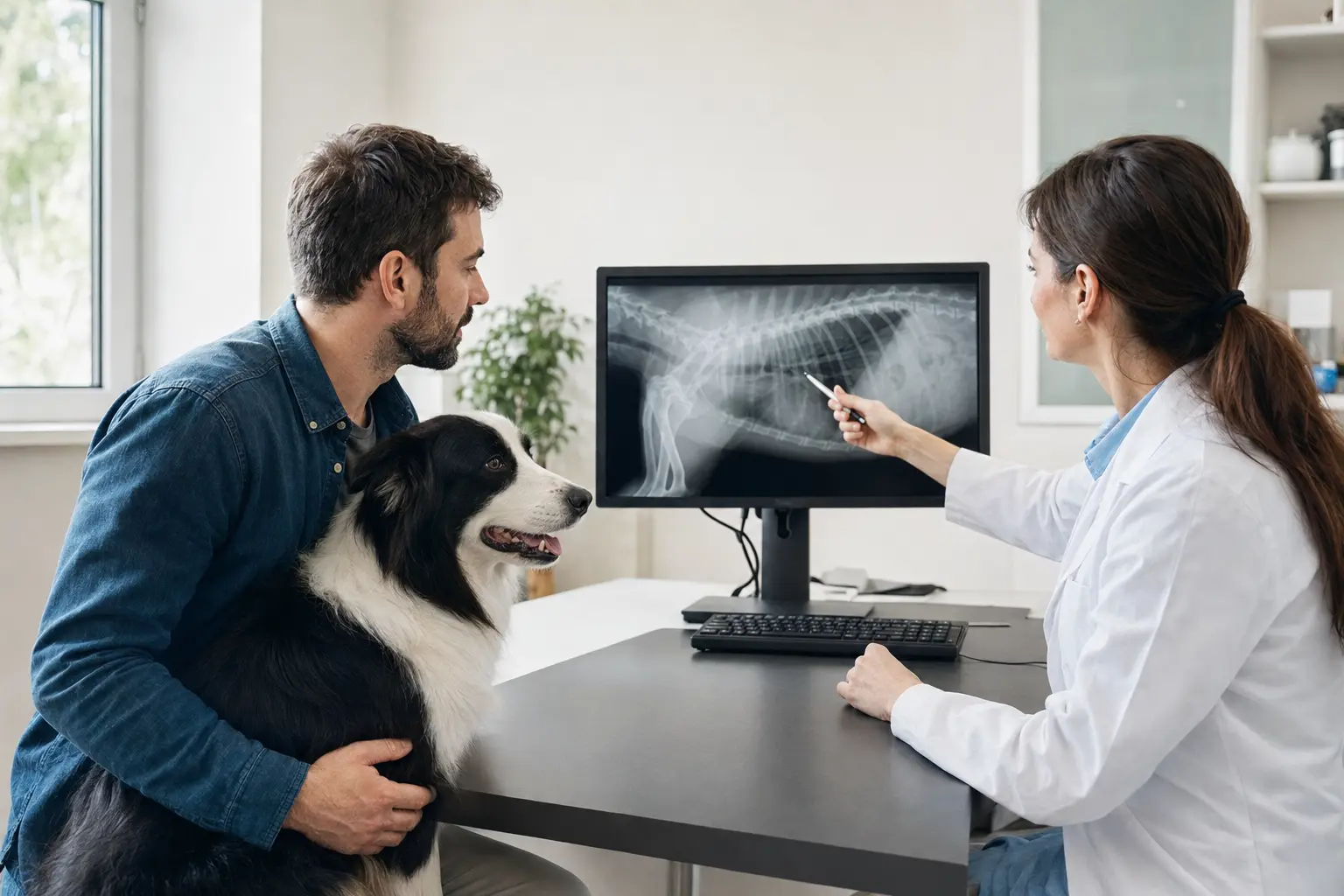 Veterinaria spiega una radiografia del cane al proprietario