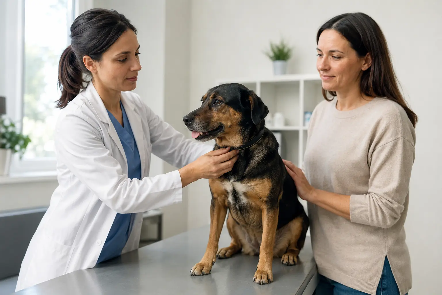 Veterinaria visita un cane con la proprietaria in ambulatorio