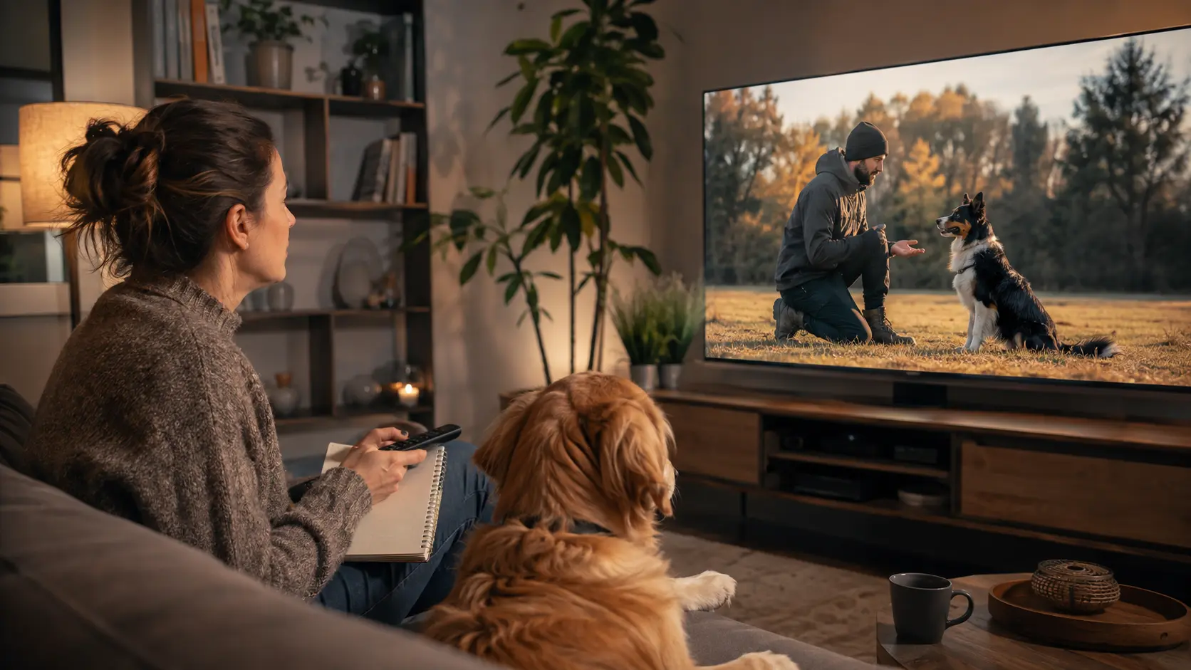 Proprietaria osserva con il cane un documentario cinofilo in televisione