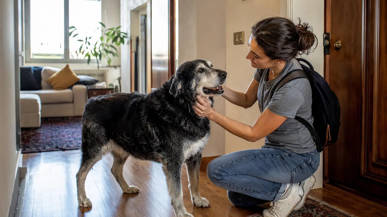 Dog sitter saluta un cane anziano durante una visita a domicilio