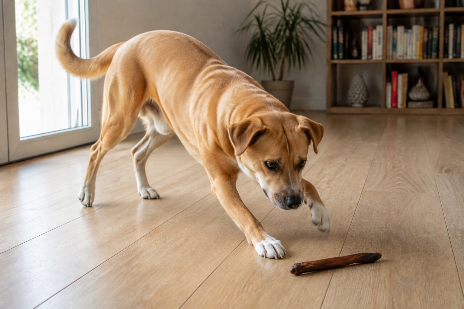 Cane che torna ad avvicinarsi giocando a un premietto lasciato a terra