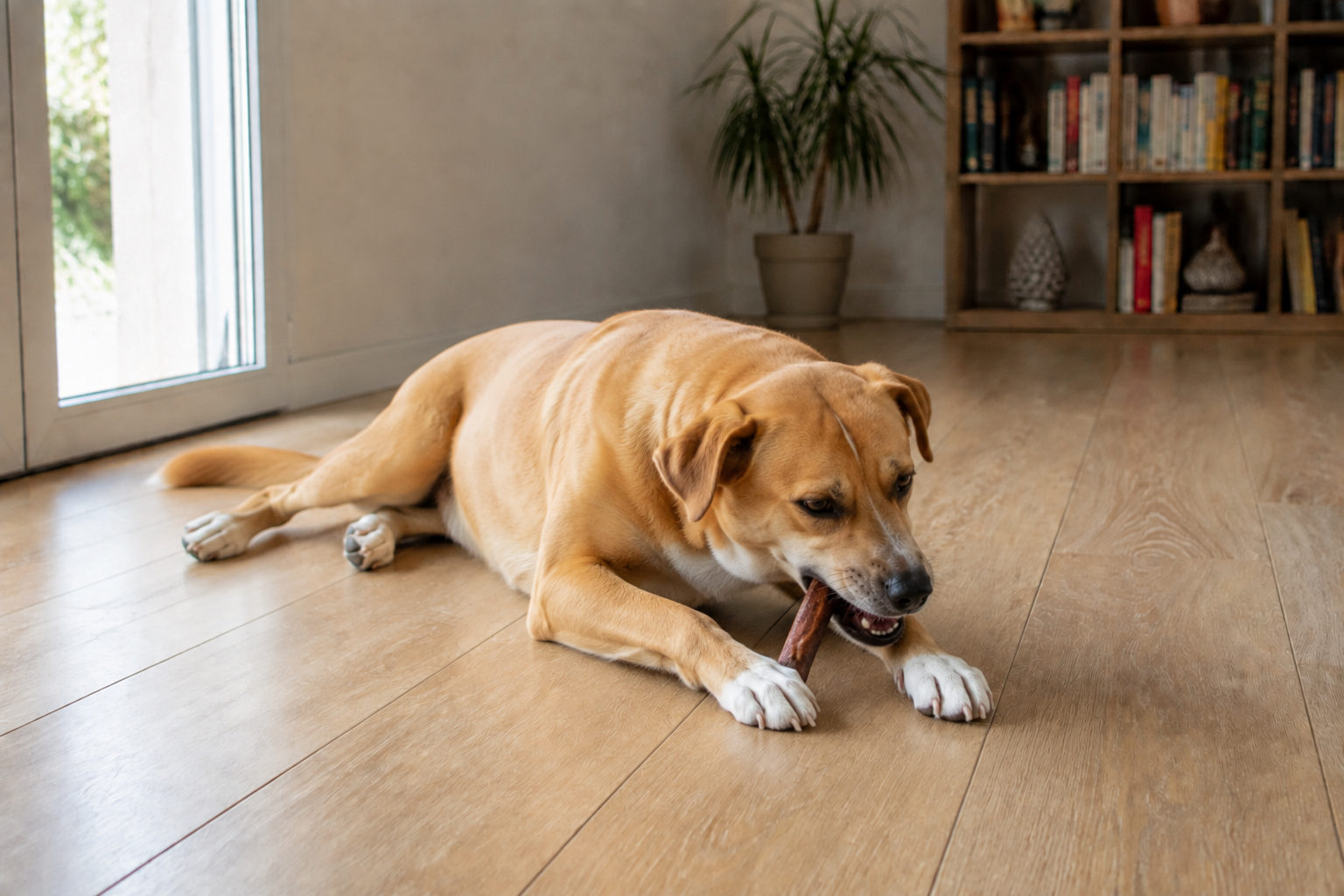 Cane che mangia il premietto dopo averci giocato