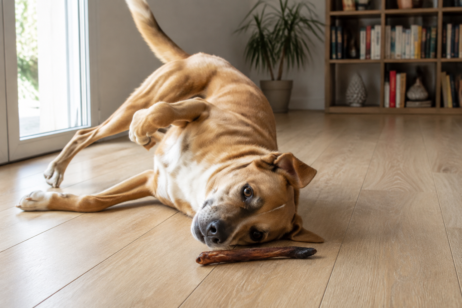 Cane che si rotola vicino a un premietto essiccato